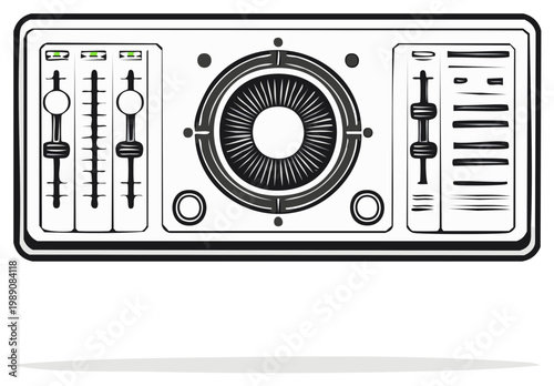Modern DJ audio mixer with sliders and illuminated controls for music production