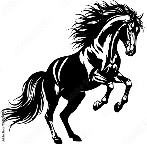 Powerful, dynamic, silhouette, illustration, of, a, wild, stallion, horse, rearing, up, with, flowing, mane, and, tail, for, equestrian, logo, design.