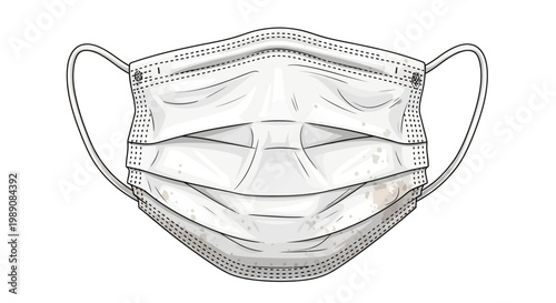 White disposable medical mask with ear loops, front view, isolated on white background