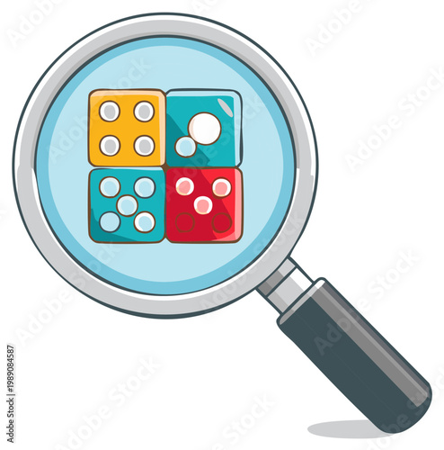 Magnifying glass exploring colorful dice games and chance for strategy and luck
