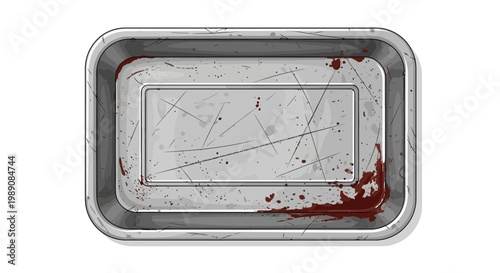 Empty metallic tray with blood stains, top view