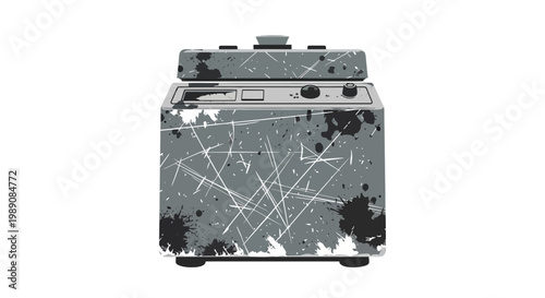 Grungy retro washing machine with scratches and stains, isolated on white
