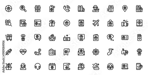 Gift icon set. Vector illustration pack. Includes gift box, delivery, heart, chocolate, rose, wedding ring, easter egg, christmas sock and more. Editable stroke.