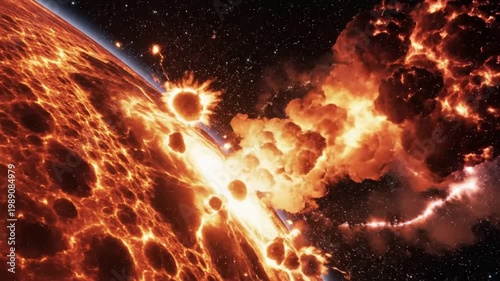 A massive explosion erupts on a planet's surface with intense flames and lava flows in space.