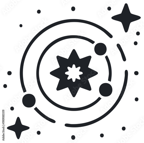 Star System Icon with Orbiting Planets, Galaxy Exploration Symbol, Cosmic Vector
