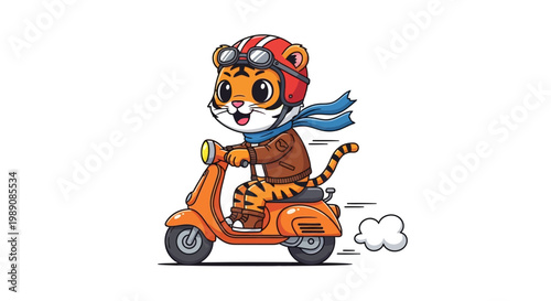 Cheerful baby tiger riding an orange scooter wearing a blue scarf and aviator helmet