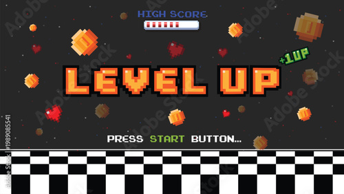 Pixel art game level up background.Video game level up background. Retro 8 bit video game interface with You Win text, computer game level up background.	
