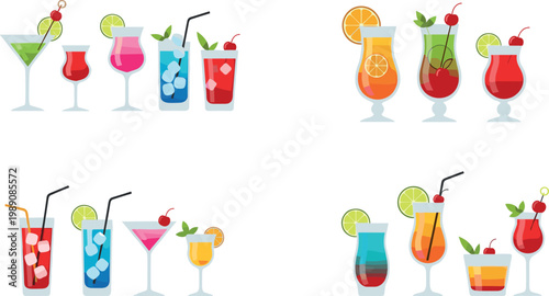 Colorful cocktail drinks collection set refreshing beverages with fruits ice and glasses vector illustration isolated design elements