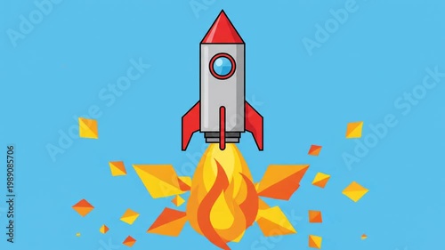 Rocket ship blasts off into clear blue sky with flames and debris