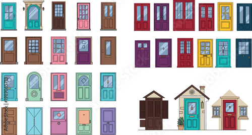 Front doors collection set colorful house entrance doors various styles exterior architecture vector illustration isolated design elements
