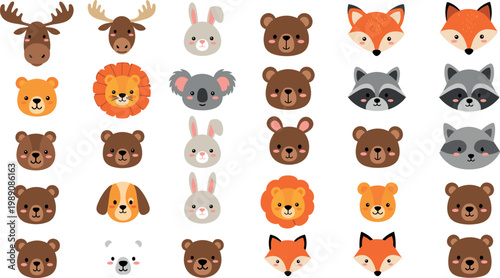 Cute forest animals faces collection set cartoon bear fox rabbit raccoon lion icons vector illustration isolated design elements