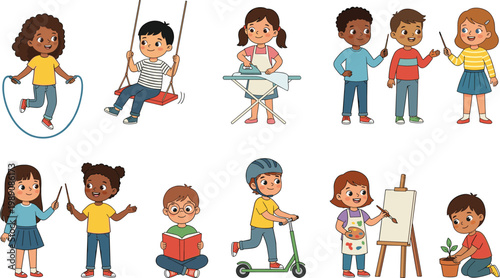 Diverse Kids Activity Collection with Children Playing, Studying, Drawing, Riding Scooter and Social Interaction for Education, Childhood Lifestyle and Cartoon Vector Illustration Set