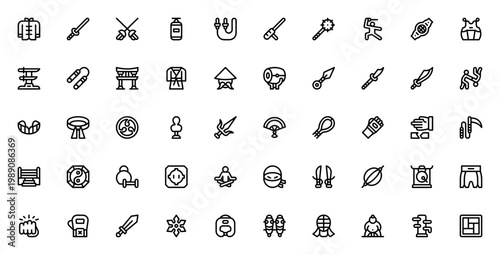 Martial Arts icon set. Vector illustration pack. Includes symbols for Wushu, Karate, Judo, Sword, Katana, Ninja, Weapon, Gloves, Belt, Meditation and more.