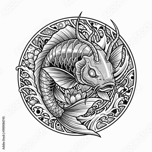 Intricate black and white illustration of a mythical horned fish.