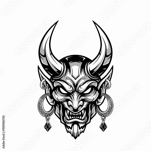 Intricate Japanese Hannya Mask Illustration with Horns and Earrings.