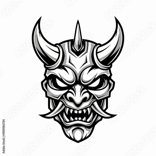 Intricate Japanese Hannya Mask Illustration with Horns and Fangs.