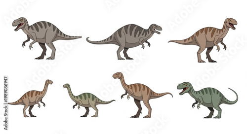 Collection of seven different dinosaur models on white background.