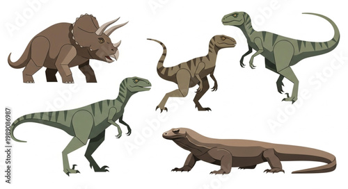 Collection of prehistoric dinosaurs and a lizard illustration.