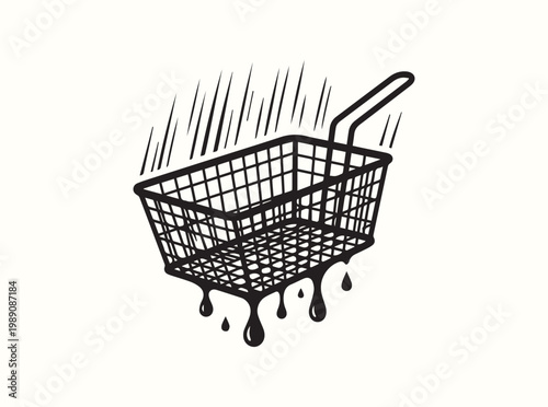 Minimalist black vector of a wire deep-fryer basket for step by step frying instructions in professional cookbooks and meal planning digital software for restaurant operations