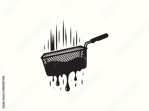 Simple black graphic element of a fry basket with dripping liquid for manual food preparation demonstrations in hospitality training materials for commercial kitchens and bistros