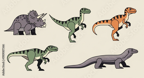 Collection of five different cartoon dinosaurs and prehistoric creatures.