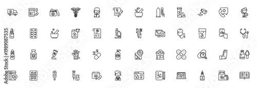 Pharmacy icon set. Medical vector icons pack. Featuring truck, pills, syringe, prescription, medicine, health, drugs, pharmacist and more. Editable stroke.