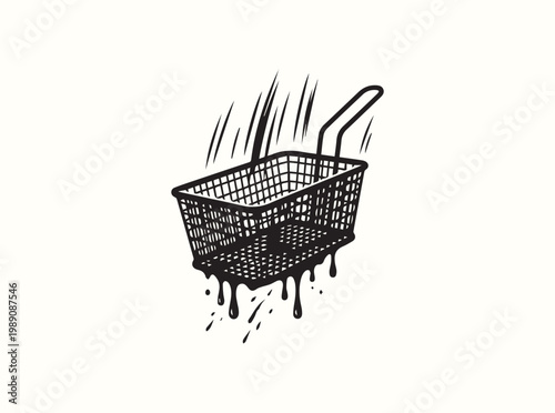 Solid black silhouette of a rectangular wire deep-fryer basket with vertical motion lines showing a swift upward pulling action for professional kitchen safety and high heat cooking technique training