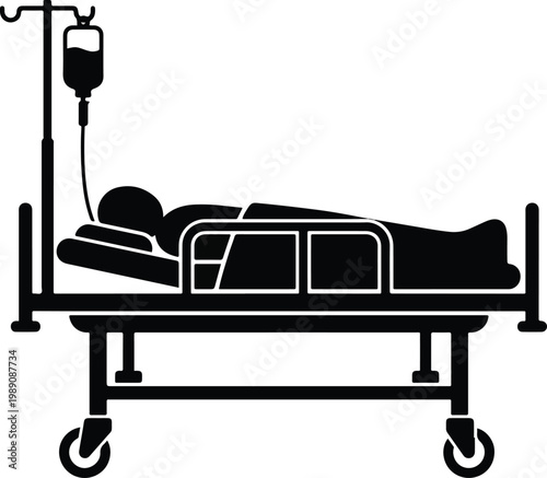  2026 Hospital Bed Patient with IV Drip Silhouette Vector, Medical Gurney and Recovery Care Icon, Clinic Healthcare Clipart SVG 