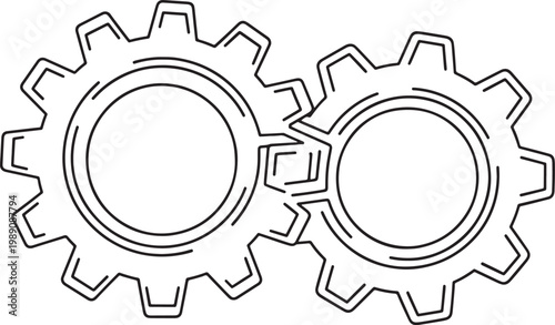 Two interlocking gear wheels in simple line art style