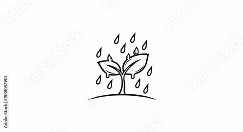 A simple black and white line drawing of a seedling under rain