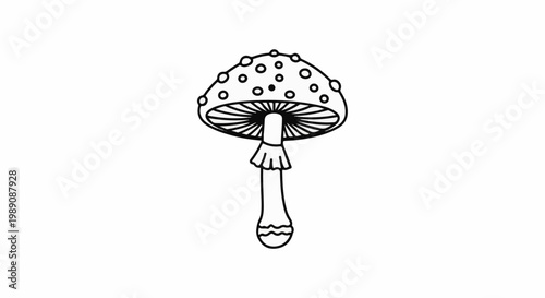 A simple black and white line drawing of a spotted mushroom