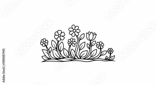 A simple black and white line drawing of a stylized flowerbed with various blossoms and leaves