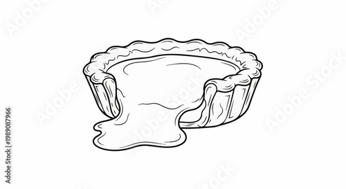 A simple black and white line drawing of a tart with filling spilling over the edge