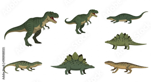 Collection of toy dinosaurs on a white background.
