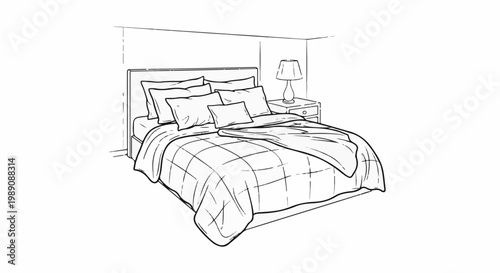 A simple line drawing depicts a neatly made bed with pillows and a folded blanket
