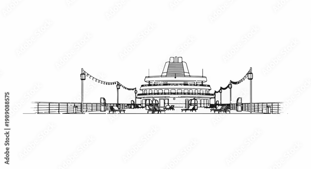 Fototapeta premium A sketch of a cruise ship's deck with lounge chairs and lights