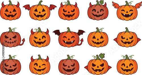 Halloween Pumpkin Character Collection with Spooky Jack O Lantern Faces, Devil Horns, Wings, and Cute Cartoon Expressions in Flat Vector Style