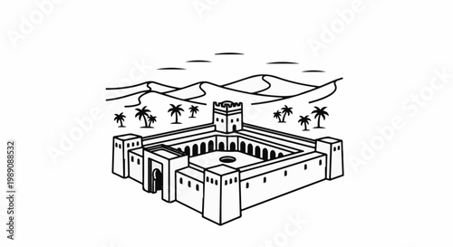 A simple line drawing of a desert oasis courtyard with palm trees and sand dunes