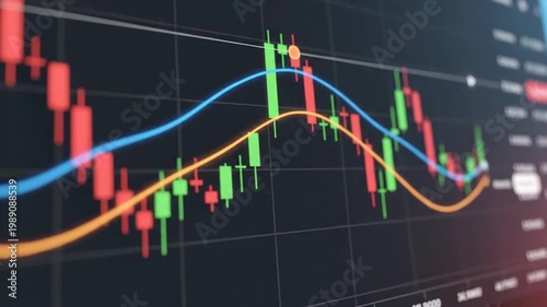 Stock market graph shows fluctuating trends with colored lines and bars on screen