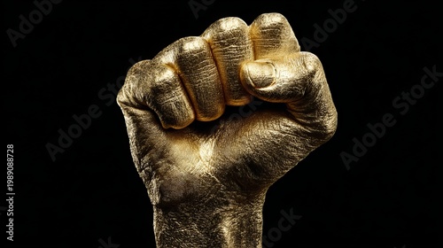 Golden clenched fist raised in a bold symbol of strength unity resistance empowerment and solidarity against a dark dramatic background conveying power determination and social justice concept
