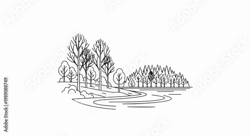 A simplified line drawing depicts a woodland scene with a winding path and a distant forest