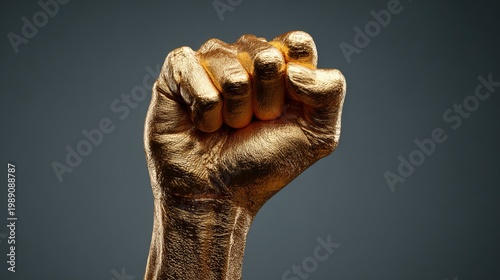 Golden clenched fist raised in a bold symbol of strength unity resistance empowerment and solidarity against a dark dramatic background conveying power determination and social justice concept
