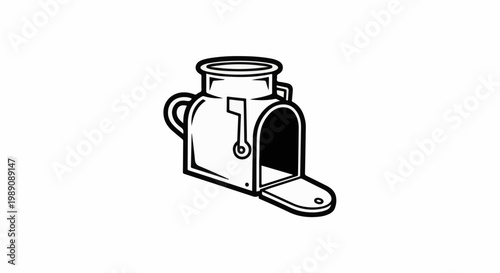 A stylized black and white illustration of a milk can mailbox