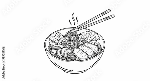 A steaming bowl of noodles with meat, vegetables, and chopsticks