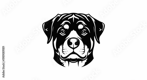 A stylized black and white illustration of a Rottweiler's head