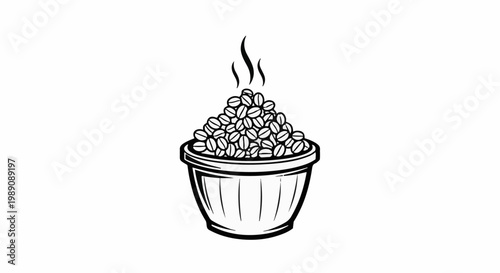 A steaming bowl overflows with roasted coffee beans