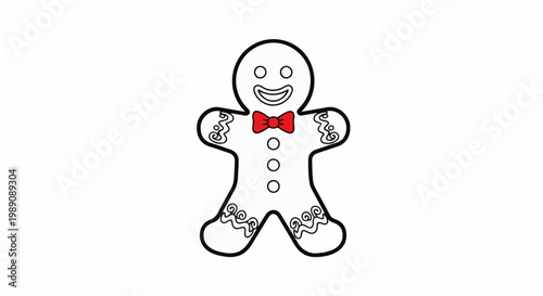 A simple line drawing of a gingerbread man with a red bow tie (1)