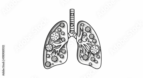 A stylized, black and white illustration of human lungs, depicted with numerous viral particles