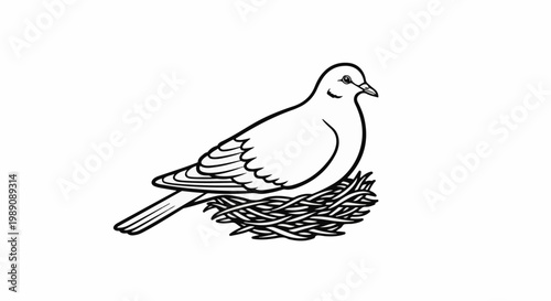 A stylized black and white line drawing of a dove nestled in a twig nest