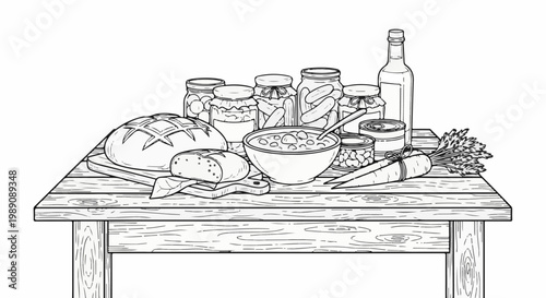 A still life drawing of various preserved foods and fresh produce on a wooden table